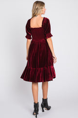 Burgundy Velvet Smocked Puff Sleeve Dress