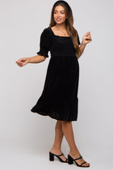 Black Velvet Smocked Puff Sleeve Maternity Dress