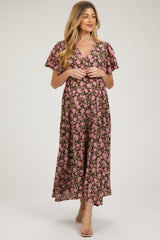 Brown Floral Smocked Waist Maternity Maxi Dress