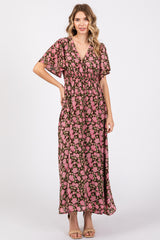 Brown Floral Smocked Waist Maternity Maxi Dress