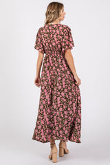 Brown Floral Smocked Waist Maxi Dress