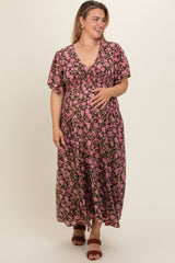 Brown Floral Smocked Waist Maternity Plus Maxi Dress