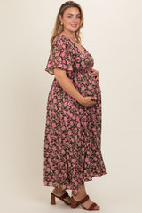 Brown Floral Smocked Waist Maternity Plus Maxi Dress