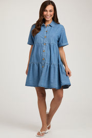 Blue Denim Button Down Tiered Maternity Dress