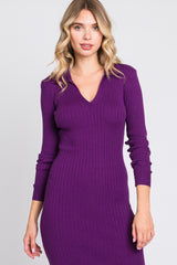 Purple Rib Knit Collared Maxi Dress