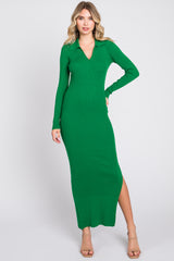 Green Rib Knit Collared Maxi Dress