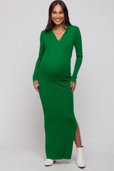 Green Rib Knit Collared Maternity Maxi Dress