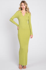 Lime Rib Knit Collared Maxi Dress