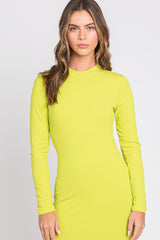 Lime Ribbed Mock Neck Long Sleeve Midi Dress