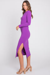 Purple Ribbed Mock Neck Long Sleeve Maternity Midi Dress