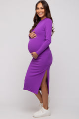 Purple Ribbed Mock Neck Long Sleeve Maternity Midi Dress