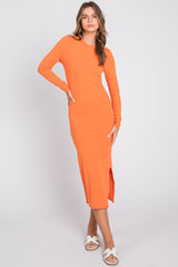 Orange Ribbed Mock Neck Long Sleeve Midi Dress