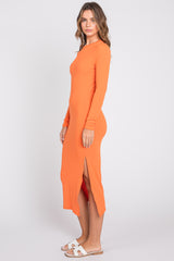 Orange Ribbed Mock Neck Long Sleeve Midi Dress