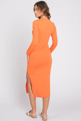 Orange Ribbed Mock Neck Long Sleeve Midi Dress