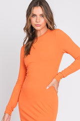 Orange Ribbed Mock Neck Long Sleeve Midi Dress