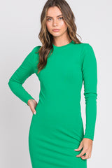 Green Ribbed Mock Neck Long Sleeve Midi Dress