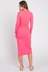 Pink Ribbed Mock Neck Long Sleeve Midi Dress