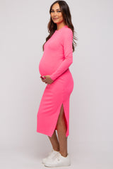 Pink Ribbed Mock Neck Long Sleeve Maternity Midi Dress