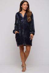 Grey V-Neck Velvet Maternity Dress