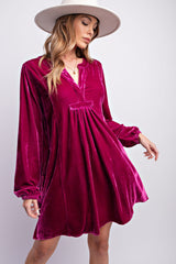 Magenta V-Neck Velvet Dress