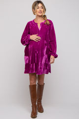 Magenta V-Neck Velvet Maternity Dress