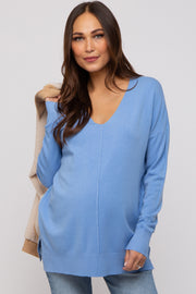 Light Blue Long Sleeve Side Slit Maternity Sweater