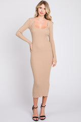 Beige Ribbed Scallop Hem Long Sleeve Midi Dress