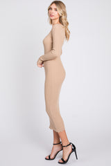 Beige Ribbed Scallop Hem Long Sleeve Midi Dress