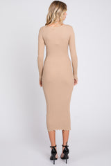 Beige Ribbed Scallop Hem Long Sleeve Midi Dress