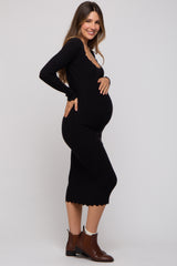 Black Ribbed Scallop Hem Long Sleeve Maternity Midi Dress