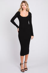 Black Ribbed Scallop Hem Long Sleeve Maternity Midi Dress