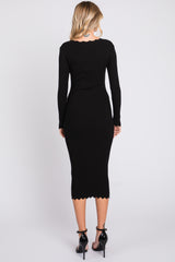 Black Ribbed Scallop Hem Long Sleeve Midi Dress