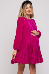 Magenta Velvet Tiered Long Sleeve Maternity Dress