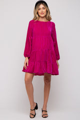 Magenta Velvet Tiered Long Sleeve Maternity Dress