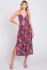 Purple Floral Sleeveless Cutout Midi Dress