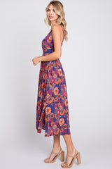 Purple Floral Sleeveless Cutout Midi Dress