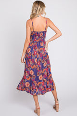 Purple Floral Sleeveless Cutout Midi Dress