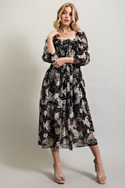 Black Multi Floral Chiffone Print Midi Dress