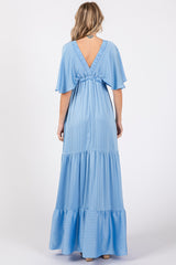 Light Blue V-Neck Flutter Sleeve Tiered Maxi Dress