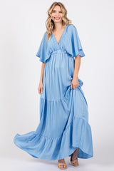 Light Blue V-Neck Flutter Sleeve Tiered Maxi Dress