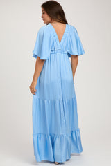 Light Blue V-Neck Flutter Sleeve Tiered Maternity Maxi Dress