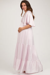 Light Pink V-Neck Flutter Sleeve Tiered Maternity Maxi Dress