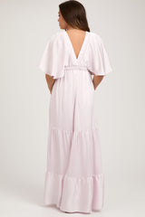 Light Pink V-Neck Flutter Sleeve Tiered Maternity Maxi Dress