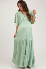 Mint V-Neck Flutter Sleeve Tiered Maternity Maxi Dress