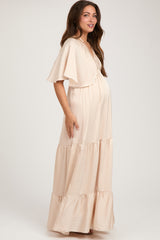 Beige V-Neck Flutter Sleeve Tiered Maternity Maxi Dress