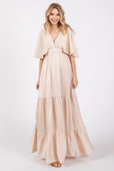 Beige V-Neck Flutter Sleeve Tiered Maxi Dress