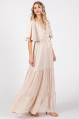 Beige V-Neck Flutter Sleeve Tiered Maxi Dress