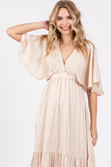 Beige V-Neck Flutter Sleeve Tiered Maxi Dress