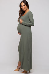 Olive Ribbed Sleeveless Dress Cardigan Maternity Set