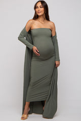 Olive Ribbed Sleeveless Dress Cardigan Maternity Set